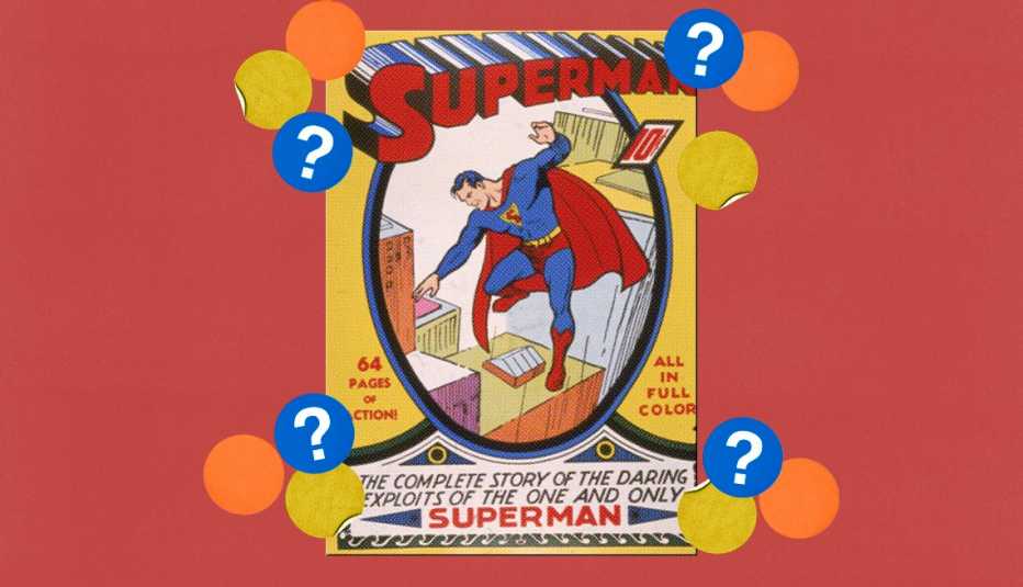 Superman on the cover of comic book; surrounded by yellow, orange and blue circles with question marks in them