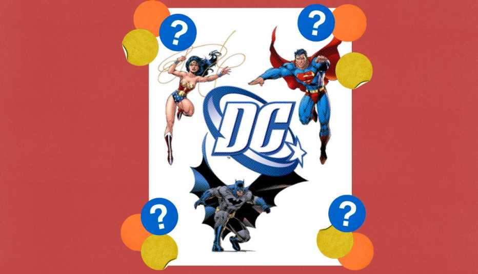 Wonder Woman, Superman and Batman around the letters D C; surrounded by yellow, orange and blue circles with question marks in them