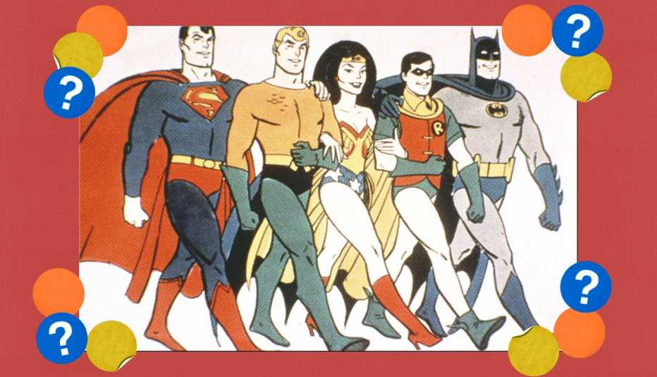 Superman, Wonder Woman, Robin and Batman; surrounded by yellow, orange and blue circles with question marks in them