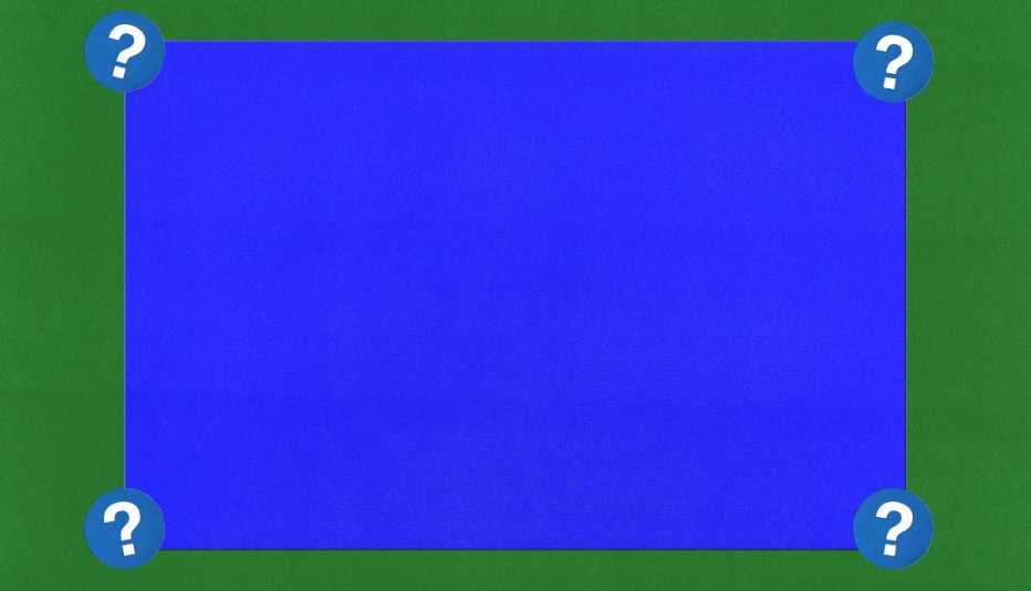 Dark blue rectangle; surrounded by blue circles with question marks in them