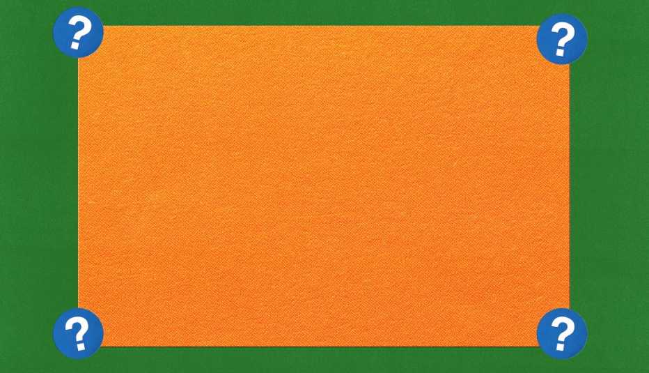 Orange rectangle; surrounded by blue circles with question marks in them