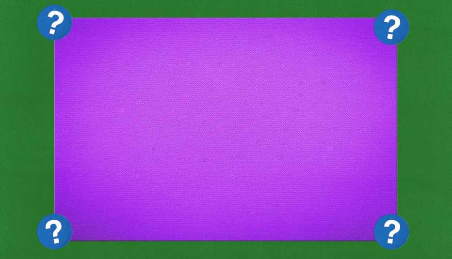 Purple rectangle; surrounded by blue circles with question marks in them