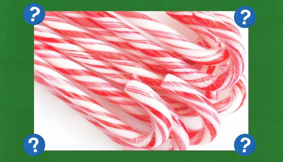 Candy Canes; surrounded by blue circles with question marks in them