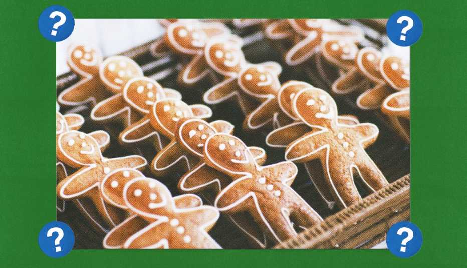 Roys of gingerbread people; surrounded by blue circles with question marks in them