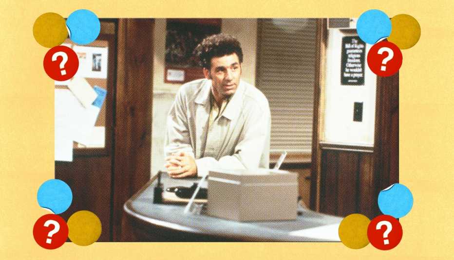 Michael Richards as Cosmo Kramer leaning against counter in a still from Seinfeld; surrounded by mustard yellow, light blue and red circles with question marks in them