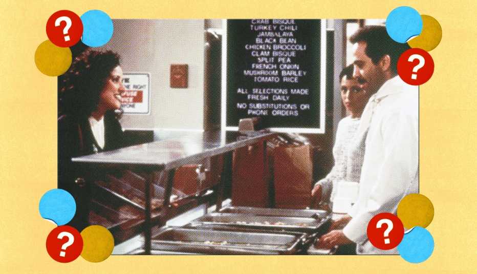 Julia Louis-Dreyfus as Elaine Benes and Larry Thomas as Soup Nazi in a still from Seinfeld; surrounded by mustard yellow, light blue and red circles with question marks in them