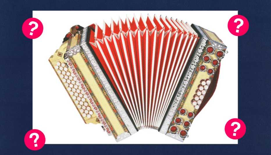 Accordion; surrounded by red circles with question marks in them