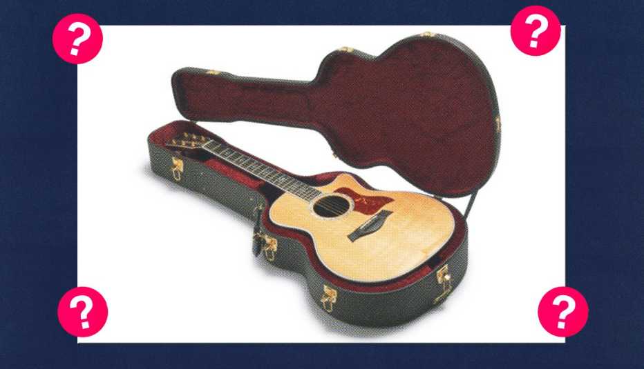 Guitar; surrounded by red circles with question marks in them