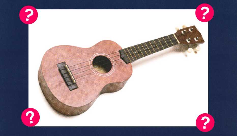 Ukulele; surrounded by red circles with question marks in them