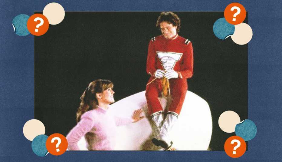 Pam Dawber and Robin Williams in a still from Mork and Mindy; surrounded by off-white, blue and red circles with question marks in them