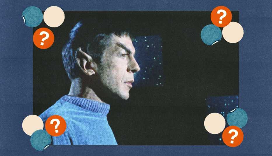 Leonard Nimoy as Commander Spock in a still from Star Trek; surrounded by off-white, blue and red circles with question marks in them