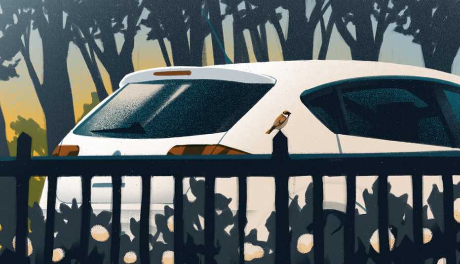 illustration of white vehicle behind a black gate and shrubs; trees on other side of vehicle