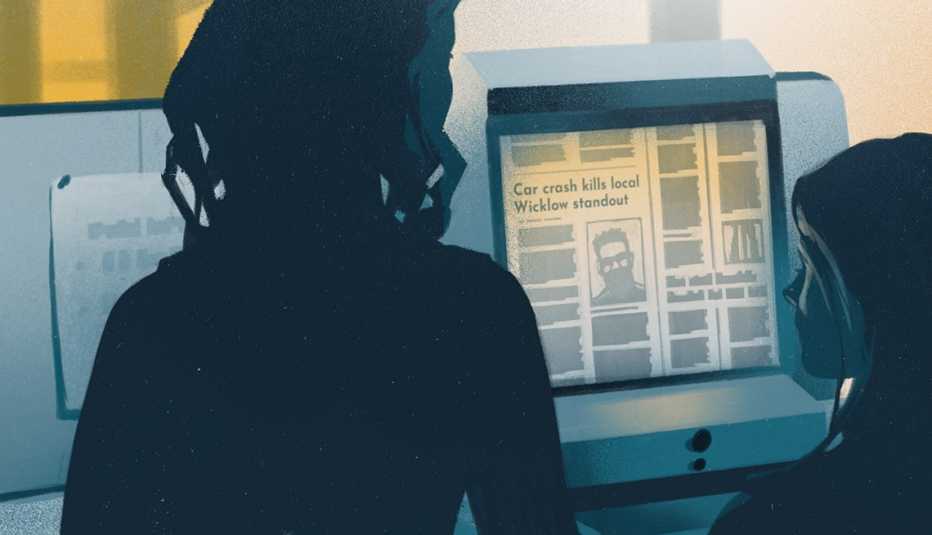 illustration showing two women looking at a machine with a newspaper in it that has a headline saying car crash kills local wicklow standout