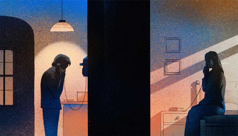 Side-by-side illustrations of teenage boy on telephone on one side and woman on telephone on the right side, both silhouetted