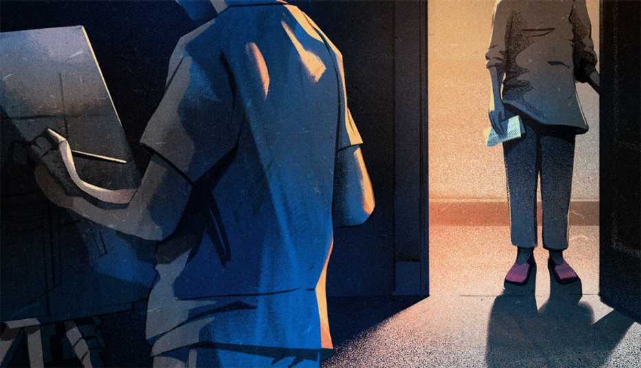 illustration of a boy in a room painting on a canvas and a woman in doorway holding a piece of paper