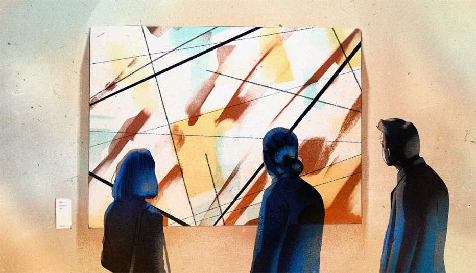 three people from the back standing before a large abstract painting hung on a wall three people from the back standing before a large abstract painting hung on a wall