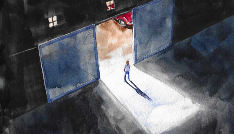 illustration of a woman and her shadow in the doorway of a large shed with two large doors and small windows, and part of a red car visible outside illustration of a woman and her shadow in the doorway of a large shed with two large doors and small windows, and part of a red car visible outside