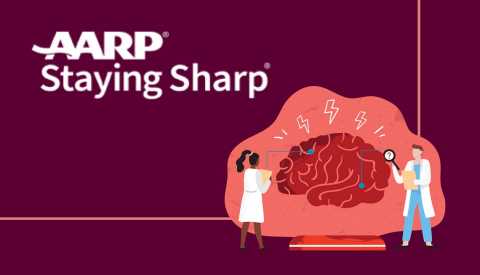 An illustration of a man and woman examining a brain next to the logo for "AARP Staying Sharp"