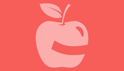 A graphic of an apple on a red background