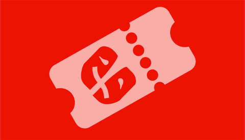 A graphic of a theater ticket on a red background