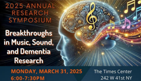 Text that reads, "2025 Annual Research Symposium" and a brain with music notes coming out of it