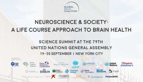 A promotional ad with text that reads "Neuroscience & Society: A Life Course Approach to Brain Health," "Science Summit at the 79th United Nations General Assembly" and "19-20 September | New York City"