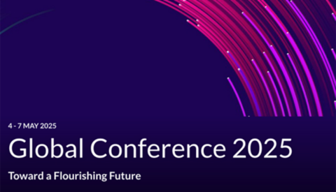 Text that says, "Global Conference 2025," "Toward a Flourishing Future" and 4-7 May 2025" with a basic design background