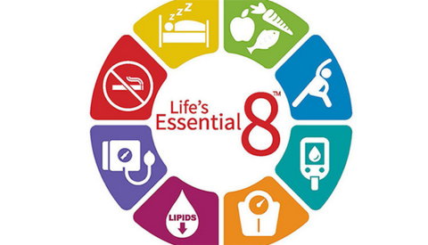 A graphic that shows illustrations of key measures for lifelong good health and the text "Life's Essential 8"