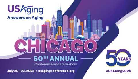 Text that says, "USAging Answers on Aging," "Chicago," "50th Annual Conference and Tradeshow" and "July 20-23, 2025" with an illustration of the Chicago skyline