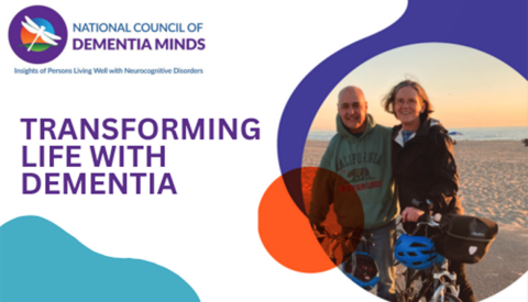 A man and woman standing on the beach with the text "National Council of Dementia Minds" and "Transforming Life With Dementia"