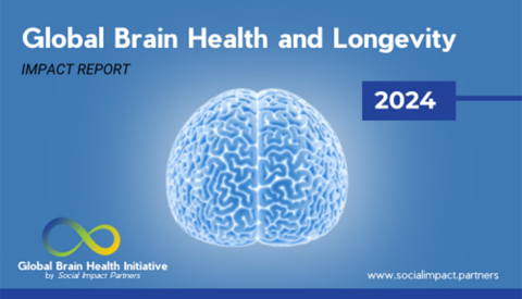 A graphic with an image of a brain and the text "Global Brain Health and Longevity Impact Report," "2024," "Global Brain Health Initiative by Social Impact Partners" and "www.socialimpact.partners"
