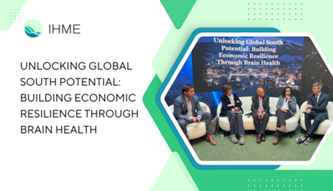 Text that says, "Unlocking Global South Potential" Building Economic Resilience Through Brain Health" with five people sitting on couches and talking