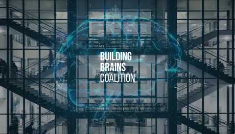 Staircases in an office building with the outline of a brain and the text "Building Brain Coalitions" overlaying it  