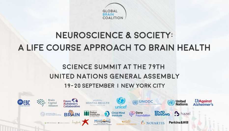 A promotional ad with text that reads "Neuroscience & Society: A Life Course Approach to Brain Health," "Science Summit at the 79th United Nations General Assembly" and "19-20 September | New York City"