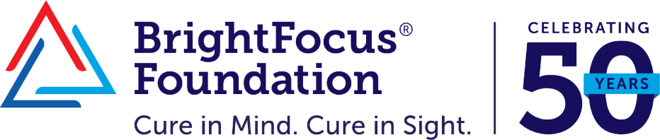 BrightFocus Foundation logo with text that reads "BrightFocus Foundation," "Cure in Mind. Cure in Sight." and "Celebrating 50 years"