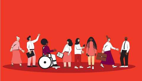 An illustration of a group of diverse people standing together