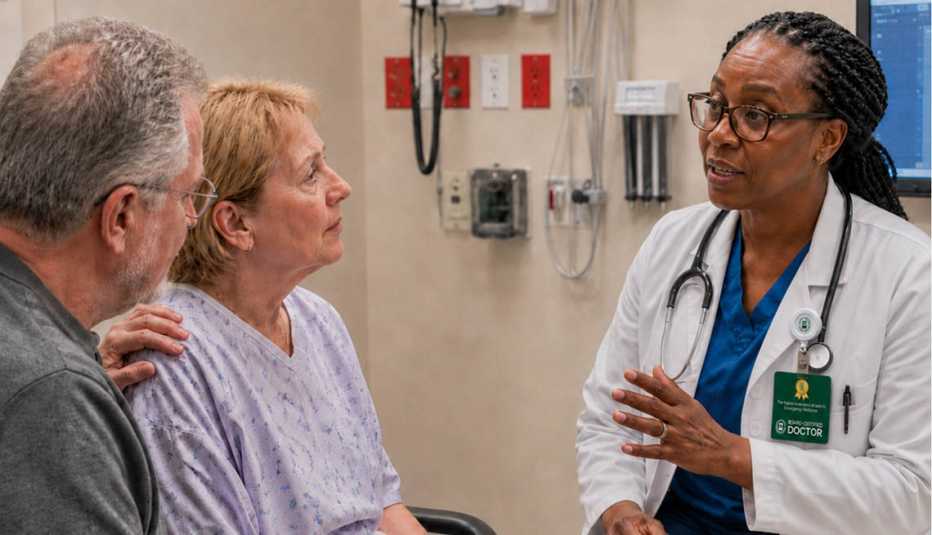 Doctor consulting with a couple in a medical exam room