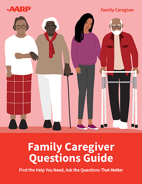 illustration showing the cover of the family caregiver questions guide. find the help you need ask the questions that matter