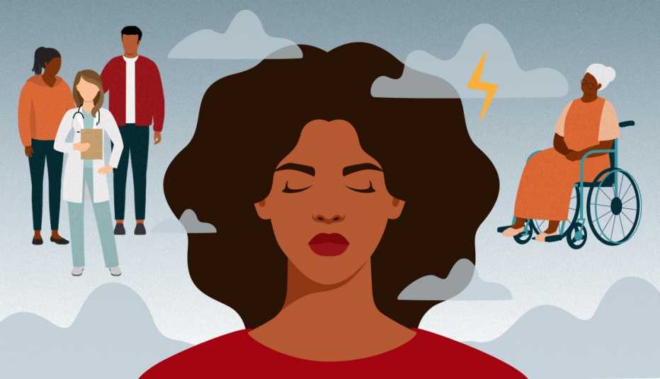 closeup of woman with storm clouds around her head worrying about her elderly mother care recipient other members of her family and doctors