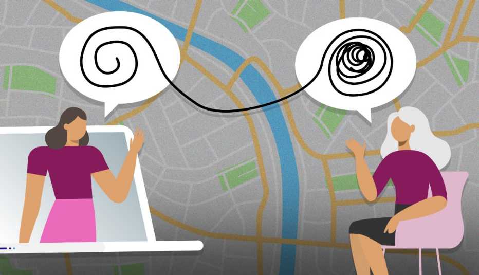 caregiving from afar two women talking via laptop across opposite sides of a map