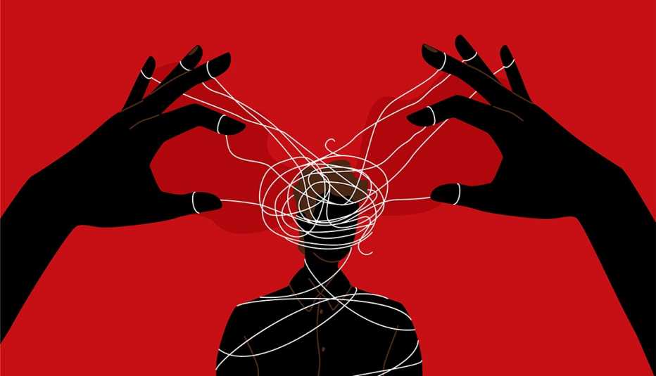 puppet master hands manipulate man mind, silhouette
