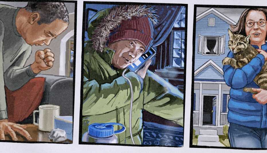 three vertical images next to each other; on left is a man coughing, center is someone on the phone, and right is woman outside holding cat