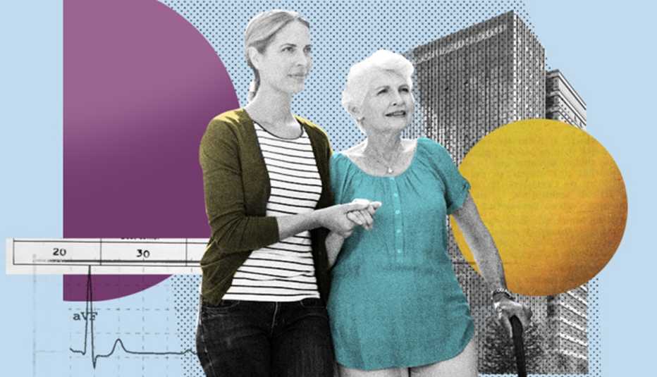 middle aged woman helping support her older mother with one hand while she walks with a cane