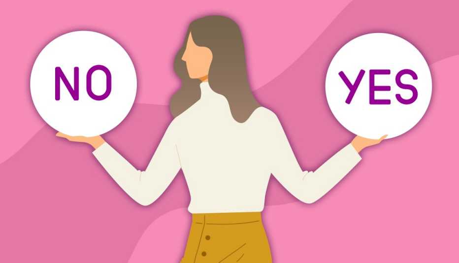 woman holding two circles one says no and the other says yes and she is looking at the one that says no