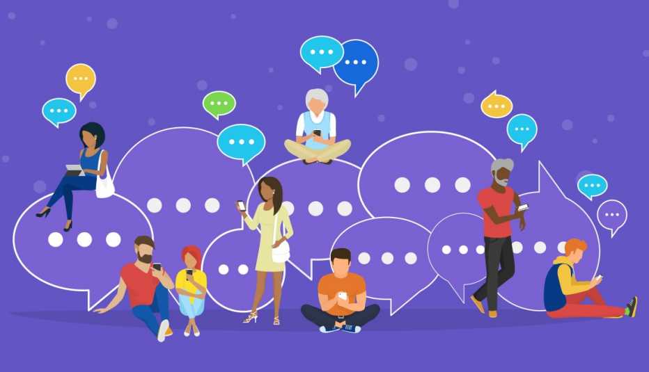 speech bubbles hover above adults as they message back and forth on mobile devices.