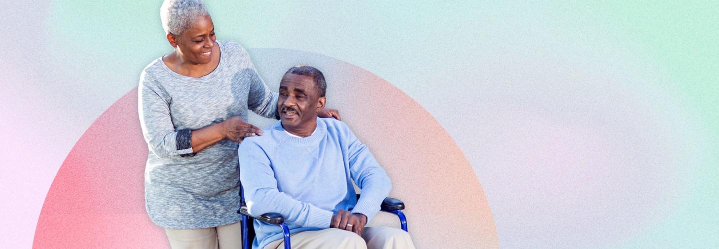 How to be a caregiver a caregiver smiles at someone in a wheelchair in front of a colorful background