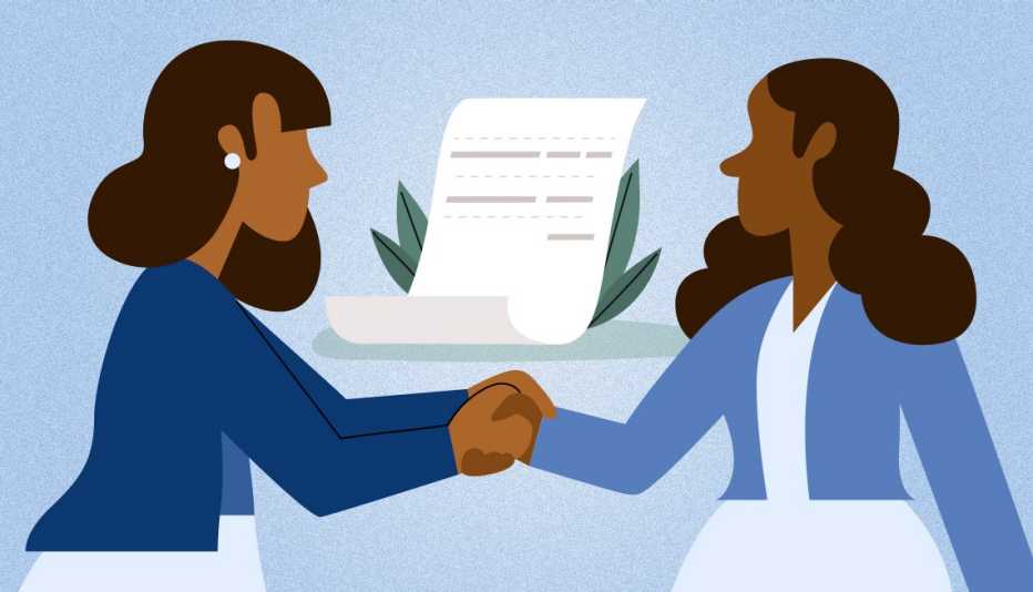 two women shaking hands over a caregiving contract