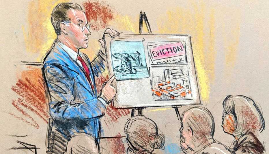 A lawyer standing next to a board during a trial in a court room in this drawing A lawyer standing next to a board during a trial in a court room in this drawing