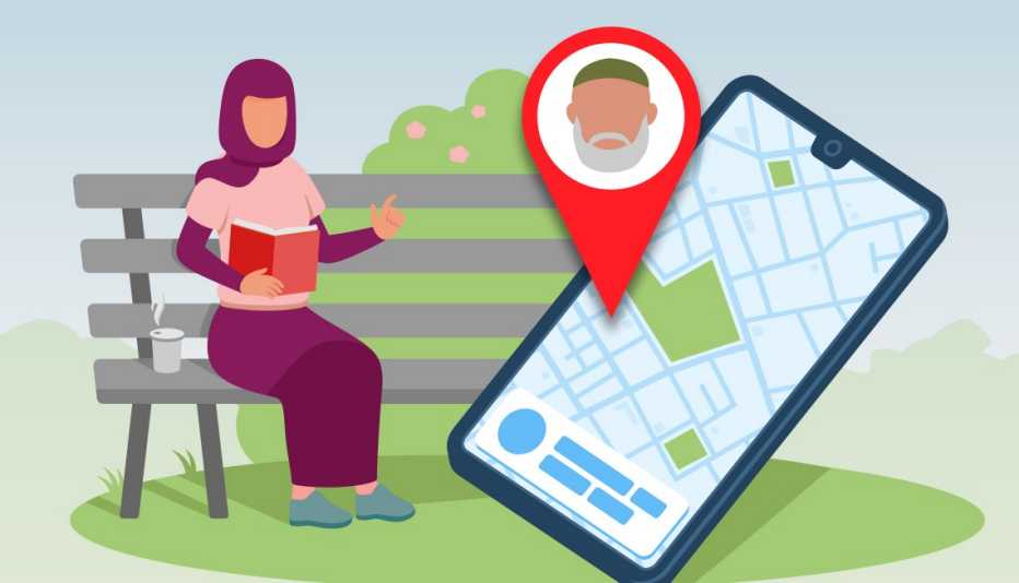woman sitting on a bench in a park with her phone showing the location of her elderly father