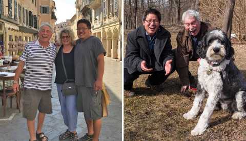 Joel, Dayle and Bart Goldstein in Greece on left, Bart, Joel and Nico the therapy dog on right Joel, Dayle and Bart Goldstein in Greece on left, Bart, Joel and Nico the therapy dog on right